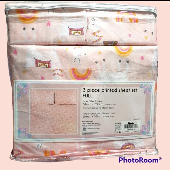 🆕️NWT LULU & COCO 3 piece FULL size Pink Llama n Rainbow printed Bed Sheet Set - Picture 3 of 7